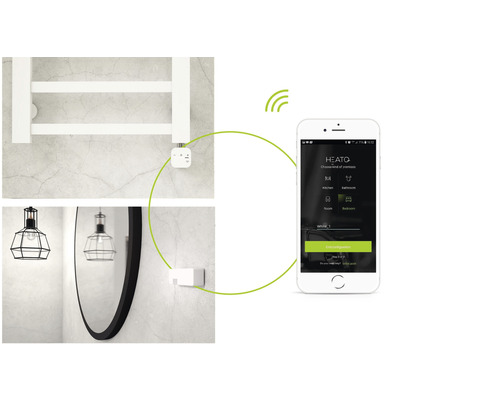 Smartphone cu aplicație de control al încălzirii, calorifer și detalii de baie