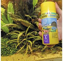 Hrană pentru creveți JBL Novo Shrimp, ambalaj în fața acvariului