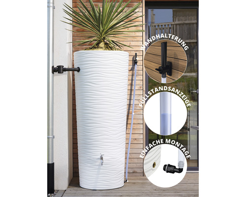 Butoi de apă de ploaie cu plante și detalii despre suportul de perete, indicatorul de nivel și montajul simplu