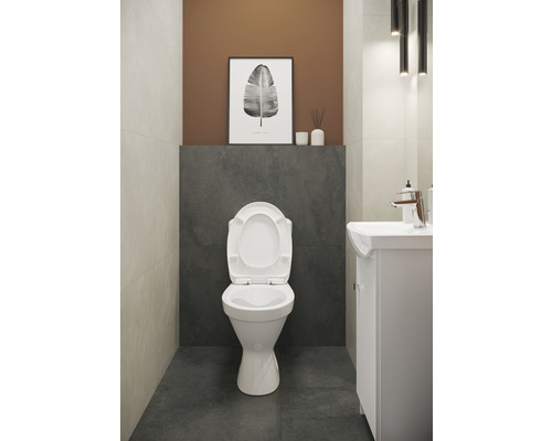 Baie cu toaletă albă, lavoar și decor de perete