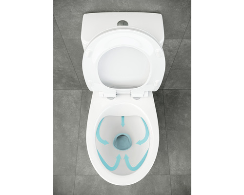 Toaletă albă cu funcție de spălare și săgeți albastre