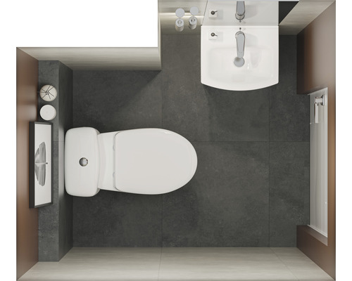 Vedere de sus a unei băi cu toaletă, chiuvetă și duș