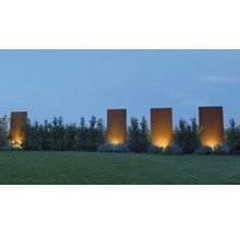 Peisaj de grădină cu gazon, gard viu și plăci decorative din oțel