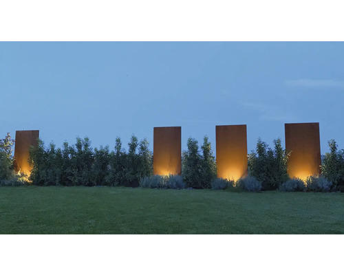 Peisaj de grădină cu gazon, gard viu și plăci decorative din oțel