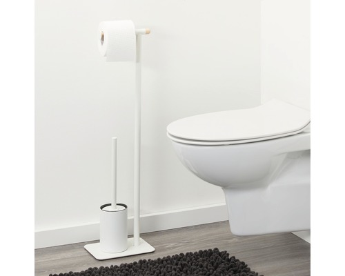 Scenă de baie cu set de toaletă și suport pentru hârtie igienică lângă o toaletă