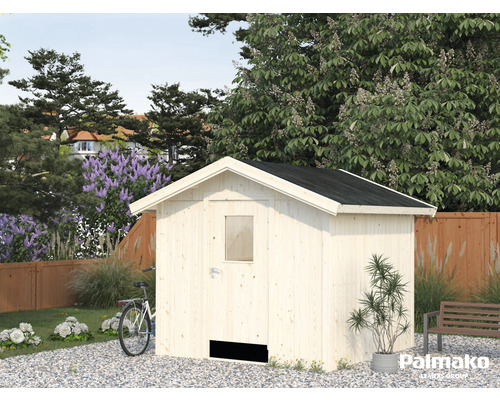 Grădină cu căsuță de grădină din lemn, bicicletă și plante