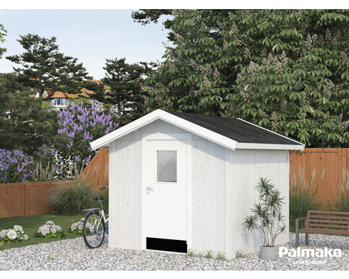 Grădină cu magazie de scule din lemn, bicicletă și bancă