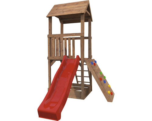 Turn de joacă din lemn cu tobogan și perete de cățărare pentru exterior