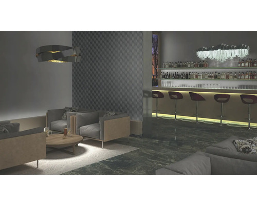 Interior cu zonă de relaxare, bar și iluminat modern