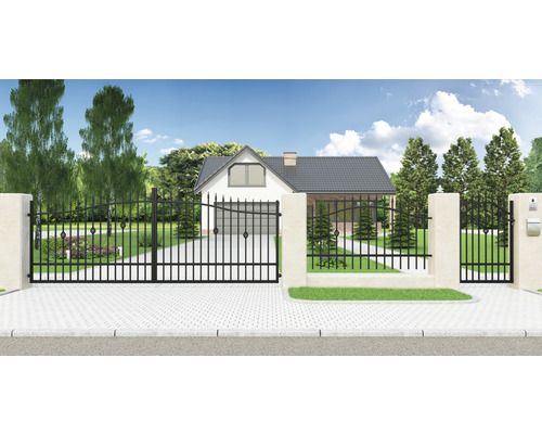 Casă individuală cu poartă de grădină neagră din metal