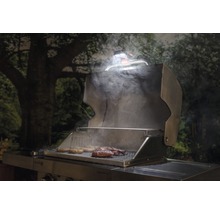 Grătar cu mâncare și lumină de grătar în fața unui decor de grădină