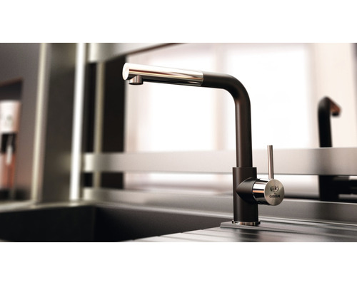 Baterie de bucătărie în negru și argintiu cu logo Gloosium