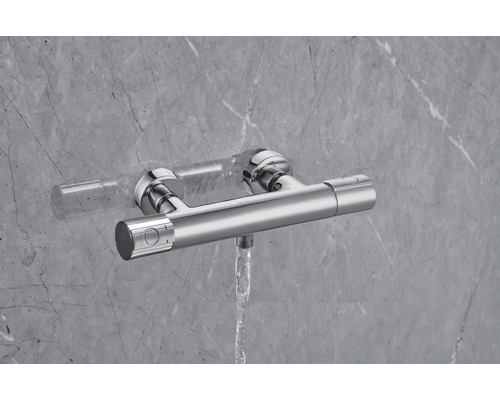 Baterie termostatică aparentă din metal cu jet de apă