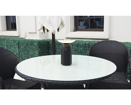 Scenă cu o masă, scaune și o lampă de masă pentru exterior.