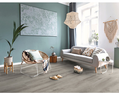Living luminos cu canapea, fotoliu, decorațiuni și pardoseală gri