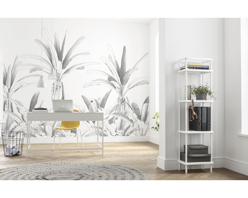 Birou luminos cu birou, scaun, raft și tapet botanic