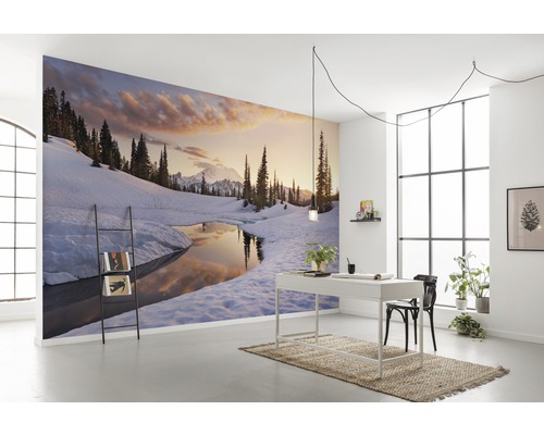 Cameră cu fototapet cu lac montan înzăpezit la apus și mobilier de birou minimalist