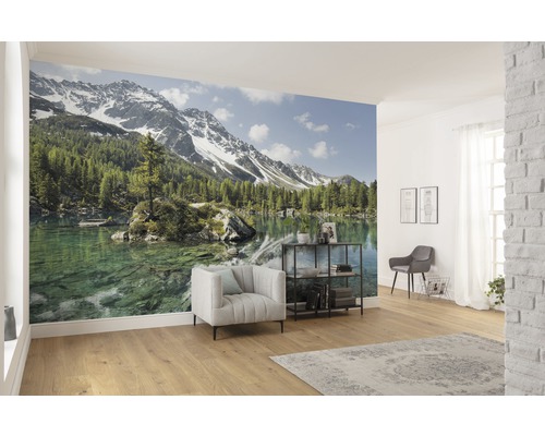 Cameră de zi cu fototapet cu lac de munte