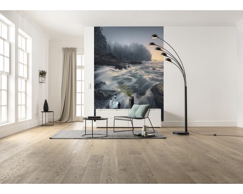 Living luminos cu podea din lemn, fototapet cu motiv cu râu și lampadar arcuit negru.