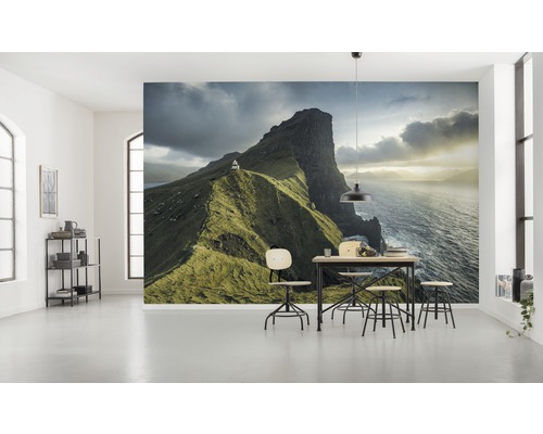 Cameră de zi cu fototapet cu peisaj montan la mare