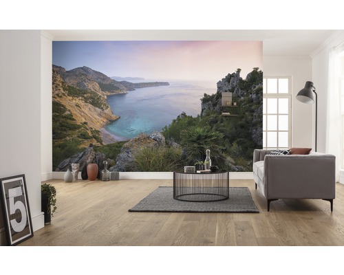 Cameră de zi cu fototapet cu un peisaj de coastă