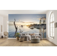 Cameră de zi cu fototapet care înfățișează un lac la apus