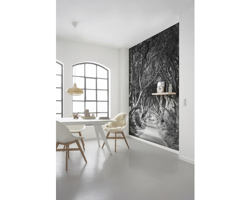 Sufragerie luminoasă cu masă, scaune și un fototapet cu o alee de copaci