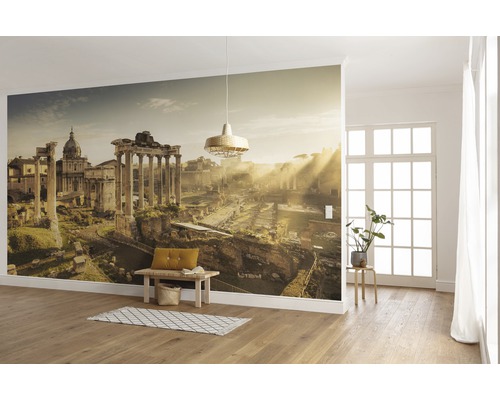Cameră luminoasă cu un fototapet care înfățișează Forumul Roman.