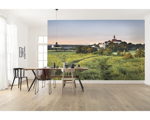 Sufragerie luminoasă cu fototapet care prezintă un peisaj verde și o clădire.