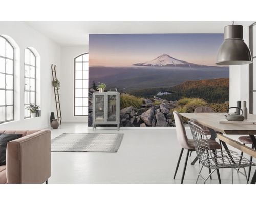 Living luminos cu fototapet cu un munte