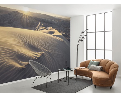 Cameră de zi cu fototapet deșert, fotoliu, canapea și lampadar