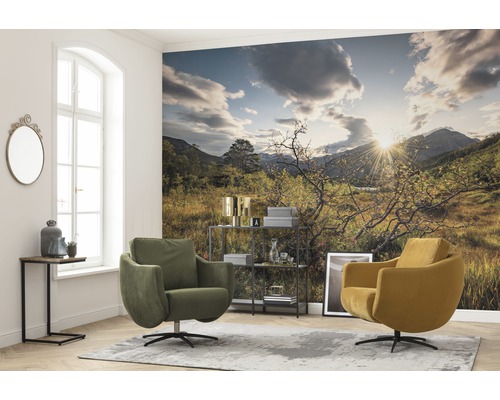 Cameră de zi cu tapet cu peisaj, fotolii, măsuță laterală și raft