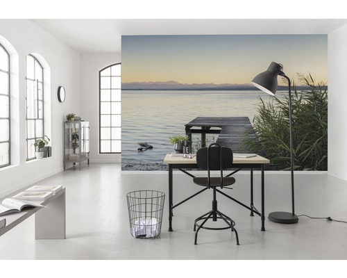 Cameră luminoasă cu fototapet cu motiv lac, birou, scaun și lampă de podea