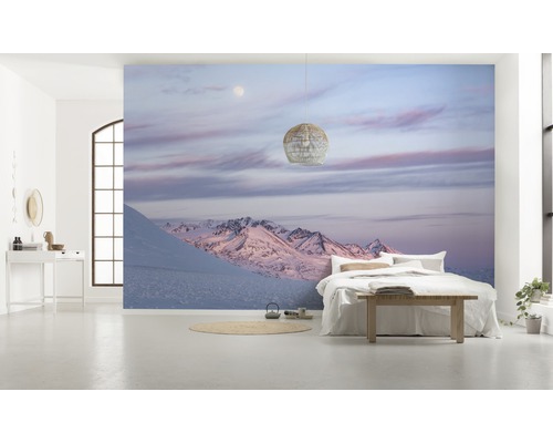 Cameră de zi cu fototapet peisaj montan iarna