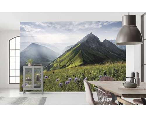 Cameră de zi cu tapet cu panoramă montană, masă de sufragerie și dulap vitrină