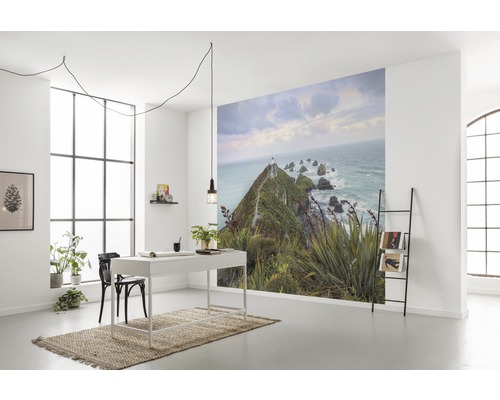 Birou cu fototapet de peisaj de coastă cu far