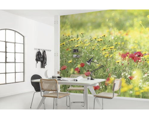 Cameră de zi cu fototapet care prezintă o pajiște cu flori