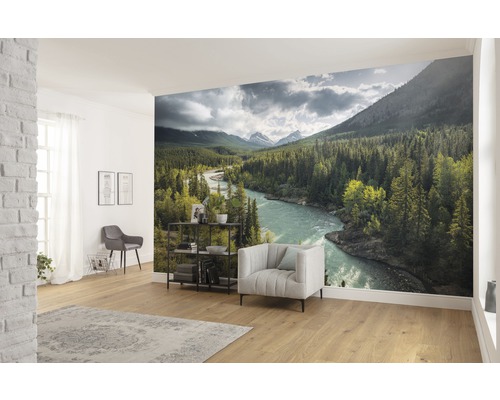 Cameră de zi cu fototapet cu un peisaj fluvial cu munți și copaci