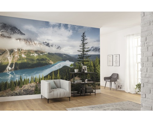 Cameră de zi cu fototapet cu peisaj montan, lac și copaci