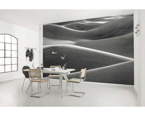 Cameră de zi cu fototapet deșert, masă și scaune