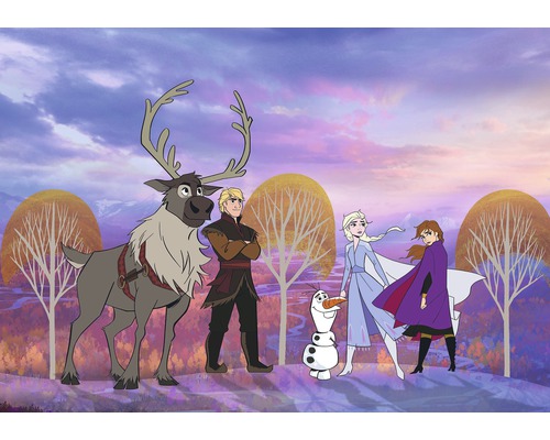 Scenă cu personaje din filmul Regatul de gheață 2, inclusiv renul Sven, Kristoff, omul de zăpadă Olaf, Elsa și Anna.