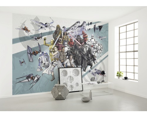 Vedere a camerei cu fototapet Star Wars cu motive din filme.