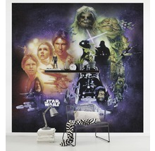 Tapetă foto Star Wars în cameră cu raft, scaun și decorațiuni.