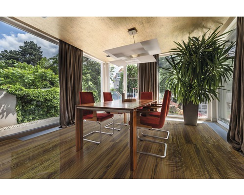 Sufragerie cu masă de sufragerie, scaune, plantă de interior și fereastră mare