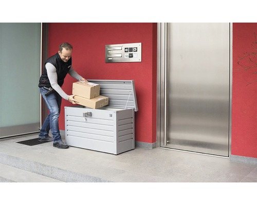 Un bărbat pune pachete într-o cutie poștală în fața unei case