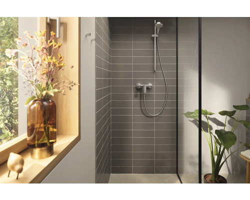 Cabină de duș modernă cu gresie gri, baterie de duș și plantă de apartament