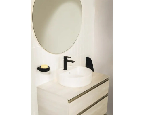 Baie cu oglindă rotundă, lavoar de blat și dulap de bază pentru lavoar