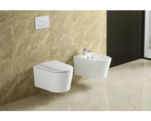 Scenă de baie cu toaletă suspendată și bideu.