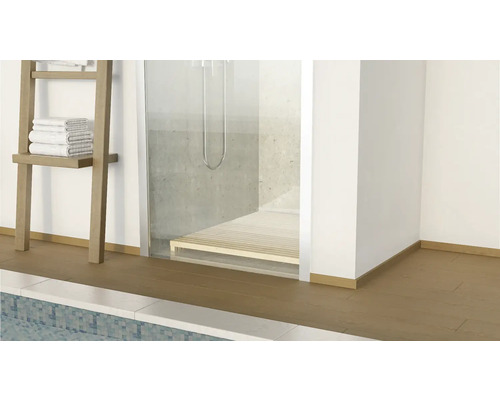 Baie cu duș, scară pentru prosoape și podea din lemn