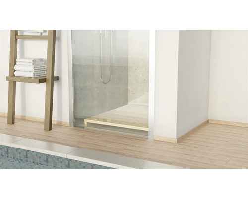 Baie cu duș, scară pentru prosoape și podea din lemn